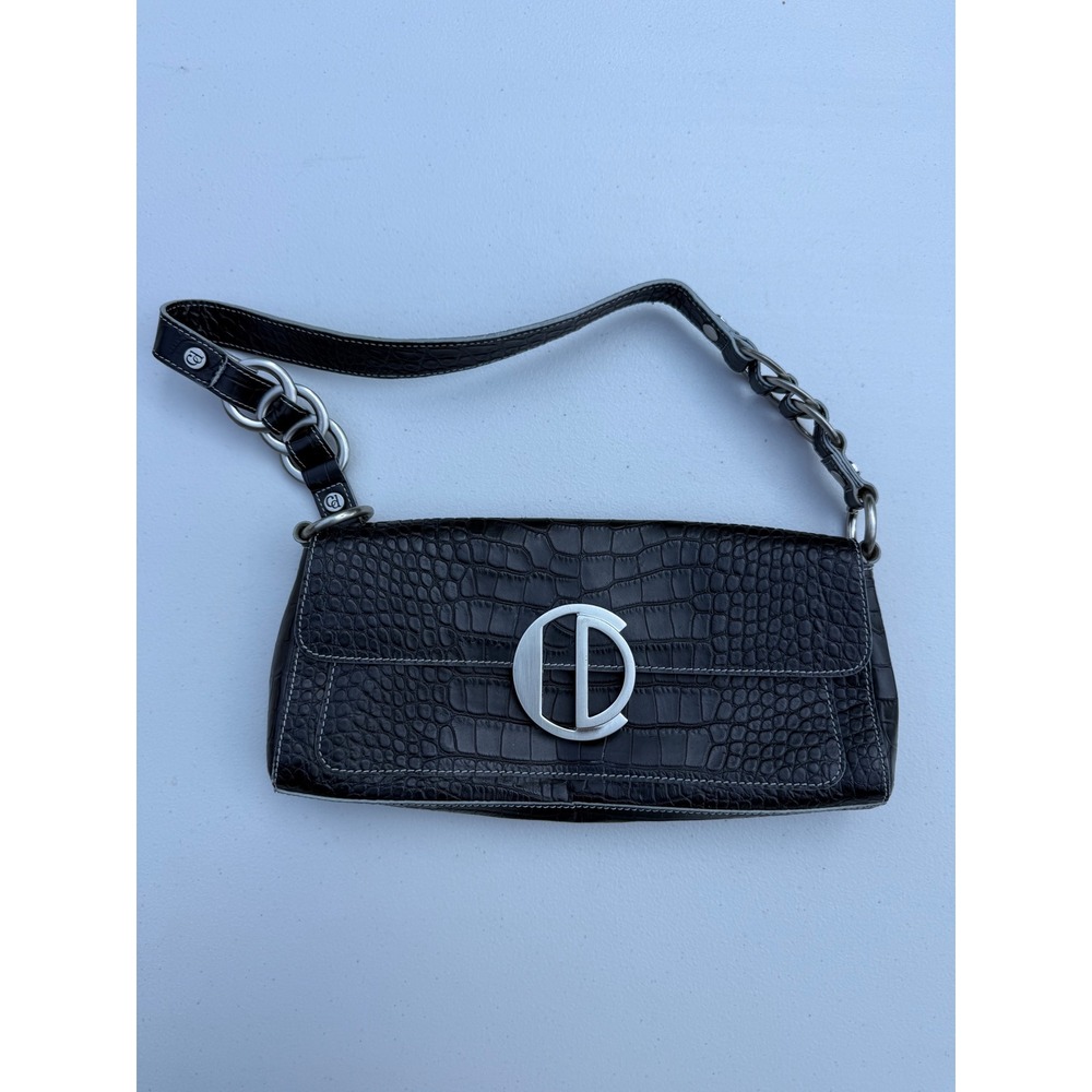 Charles David Shoulder Bag Croc Embossed Black Silver‎ Hardware Chain Handle